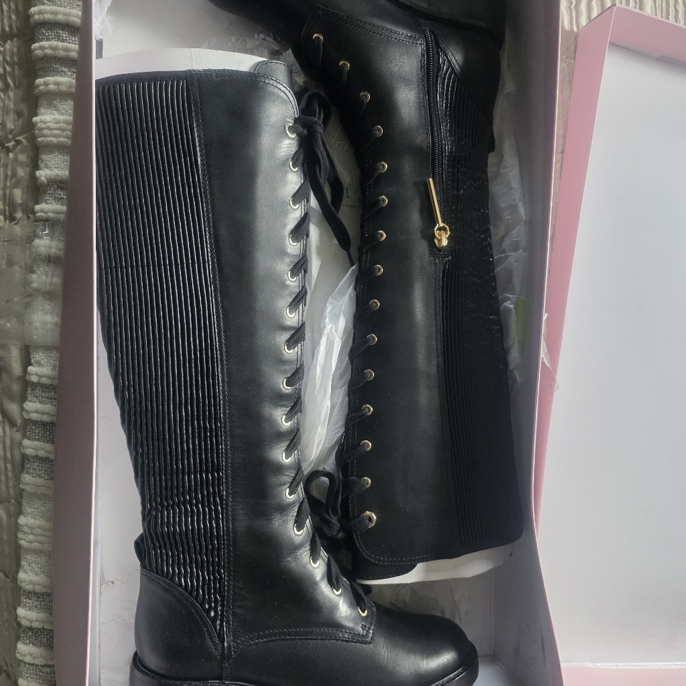 Louise et Cie Black Leather Tall Lace Up Combat Boots Women's NEW Size 37.5